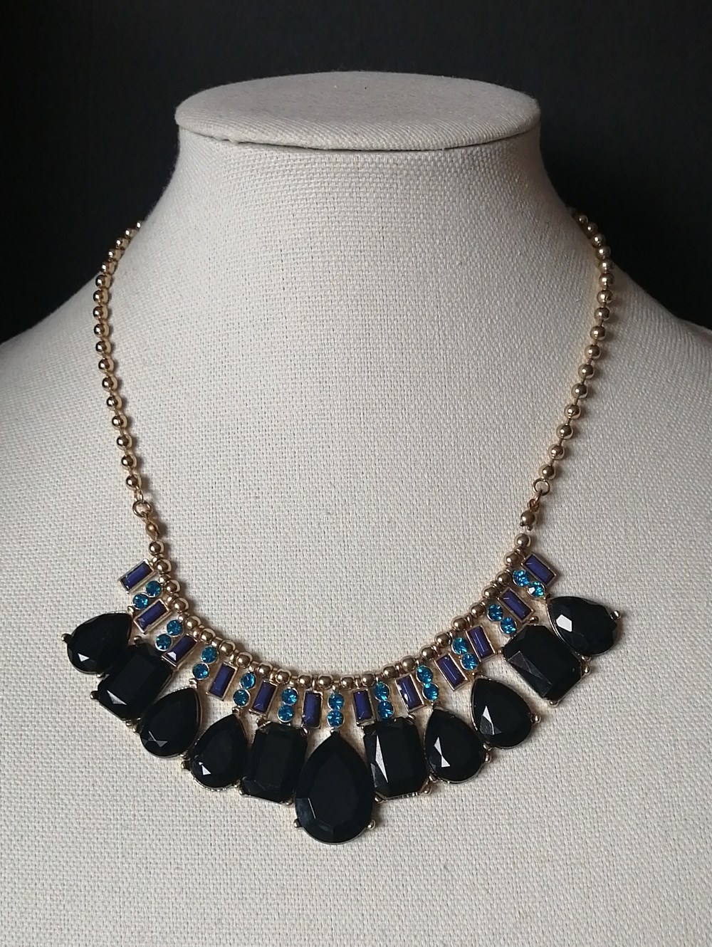 The Limited Goldtone Statement Bib Necklace Black Faceted Teardrop Blue Stones